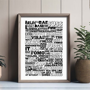 May include: Black and white typography print with a word cloud of slang terms, including "Bruh", "Bae", "Suss", "Goals", "Dankfam", "Fire", "Period", "Swole", "Hypebeast", "Unbothered", "Jokes", "G.O.A.T", "Extra", "Throw", "Shade", "Salty", "Rizz", "Viral", "Baby Girl", "Tbh", "Wavy", "Simp Nation", "Mood", "Jiggy", "Flexing", "Finesse", "Savage", "Cringe", "Shooketh", "Oof", "Bussin", "It R.I.P", "Cap", "No Cap", "Slay Queen", "Chuggy", "Drip or Drown", "Boujee", "FOMO", "Chill", "Zaddy", "Throwing Hands", "Bet", "Thirsty", "W Flex", "Clout", "Vibe Check", "No Cap", "Drip", "Snack", "Slaps", "Normie", "Highkey", "Cap", "Jomo", "Snatch", "Ghosting", "Hype", "Yeets", "Slay", "Lowkey", "Sksksk", "Simping", "Crispy", "Tea Spilling", "Vibe Out", "Clap Back", "Yas", "Shook", "Hit Different", "LMAO", "Shadegassed".