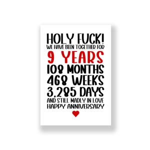 Tarjeta de aniversario de 9 años / Tarjeta divertida de aniversario de 9 años / Tarjeta de aniversario grosero de 9 años