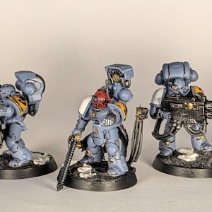 May include: Five blue and grey painted miniature figures of space marines with yellow and white accents. The figures are holding weapons and are posed in a variety of stances.