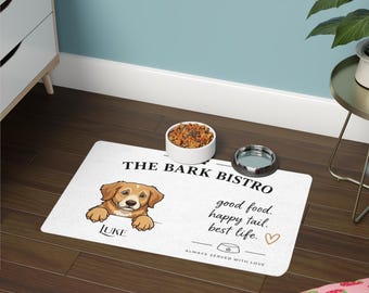 The Bark Bistro Personalized Dog Food Mat | Custom Pet Photo & Name Feeding Mat | Funny Dog Bowl Mat | Dog Mom Kitchen Decor