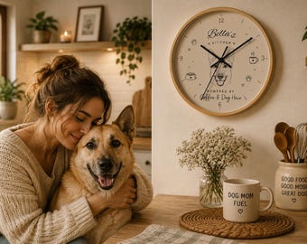 Aesthetic Personalized Pet Wall Clock, Modern Dog Mom Kitchen Decor, Minimal Scandinavian Dog Line Art Clock, Custom Pet Gift