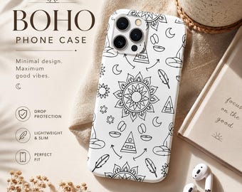 Boho Sun & Moon Phone Case, Minimalist Celestial iPhone Case, Neutral Aesthetic Phone Cover, Cute Trendy Gift for Her, Samsung Galaxy Case