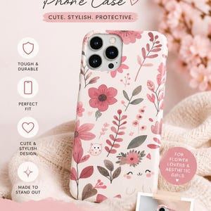 Puede incluir: Funda de teléfono blanca con un diseño floral en rosa y verde. La funda presenta una variedad de flores y hojas. El texto en la funda dice "Floral Phone Case" y "Cute. Stylish. Protective."