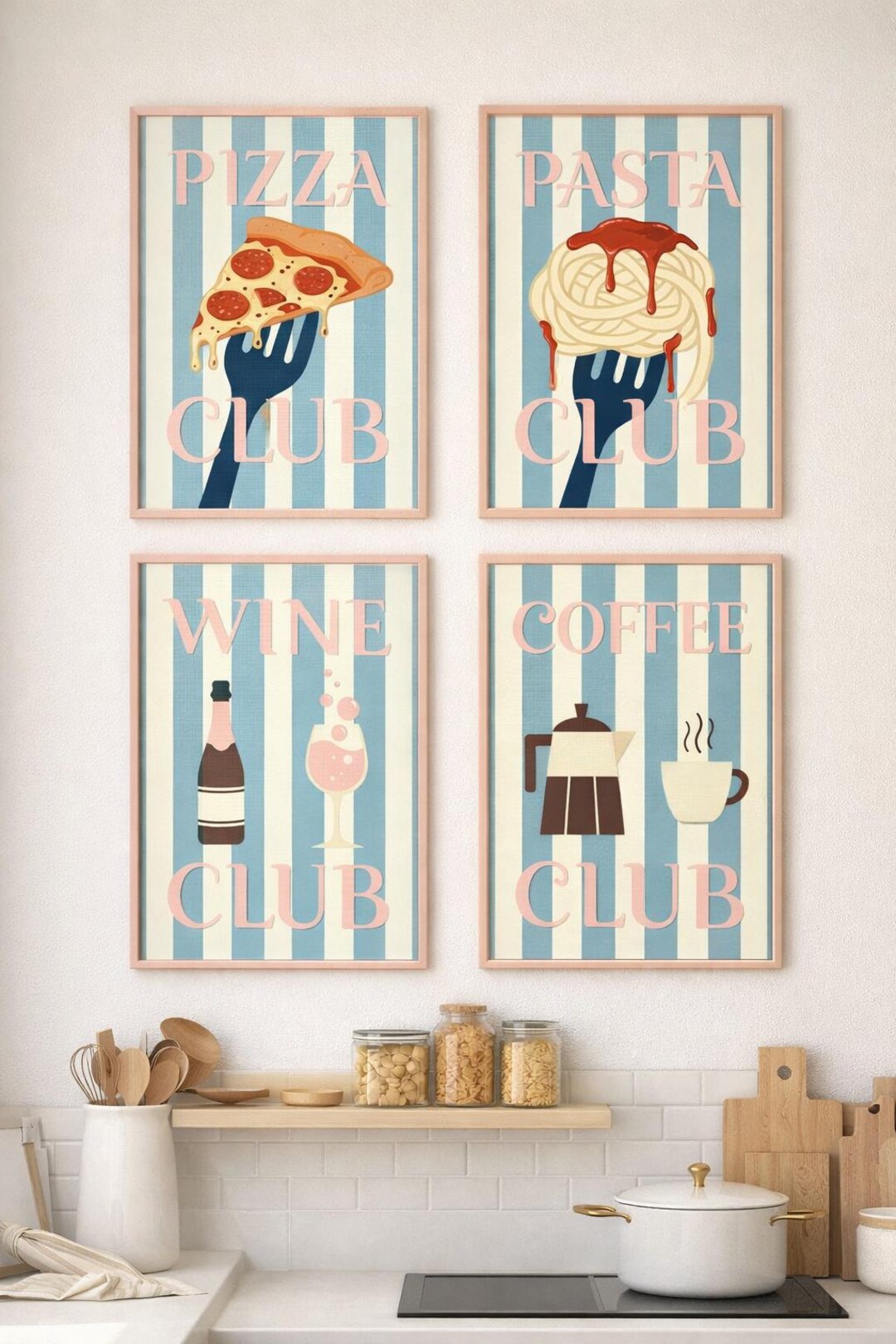 retro kitchen prints, set of 3, food wall art (digital... Club Collection Retro Kitchen Prints – Pizza Club, Pasta Club, Wine ...