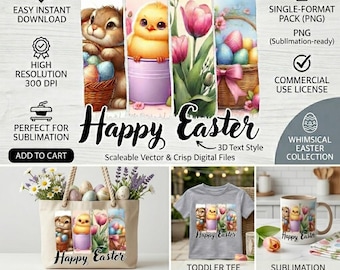 Happy Easter Brushstroke PNG | Bunny, Chick, Tulips & Easter Eggs | Sublimation | Digital Download