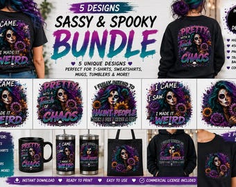 Gothic Sugar Skull Woman PNG Bundle | 5 Spooky Floral Tattoo Designs | Digital Download