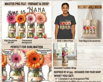 Floral Mason Jar Nana PNG | Strong Loving Kind Affirmation Design (Digital Download)