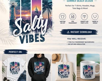 Salty Vibes Beach Sunset PNG | Lighthouse, Sailboat & Palm Tree | Coastal Sublimation | Digital Download
