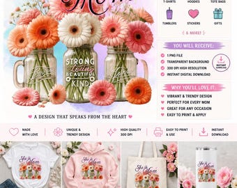 She Is Mom PNG | Floral Mason Jar Affirmation Quotes | Mother's Day Sublimation | Digital Download