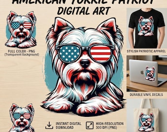 Patriotic Yorkie PNG | American Flag Sunglasses Dog Design | 4th of July Sublimation | Digital Download