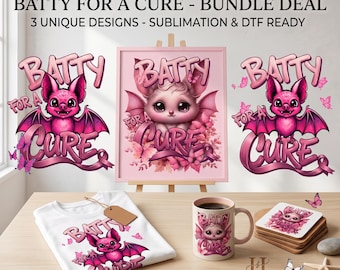 Batty for a Cure PNG Bundle | Pink Breast Cancer Awareness Bats | Butterfly Sublimation | Digital Download