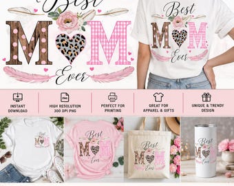 Boho Floral Mom PNG | Feather, Leopard & Gingham Design | Mother's Day Sublimation | Digital Download