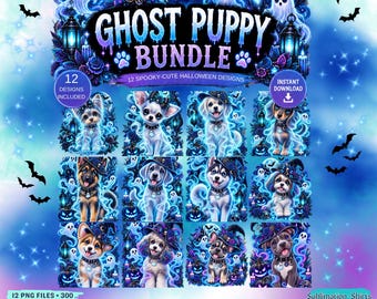 Ghost Puppy PNG Bundle, 12 Cute Spooky Halloween Dog Designs