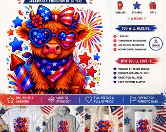 Neon Patriotic Highland Cow PNG | American Flag Sunglasses, Bandana (Digital Download)