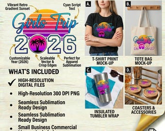 Girls Trip 2026 PNG | Retro Sunset Beach Squad Design | Beach Vacation Sublimation | Friends Trip Digital Download