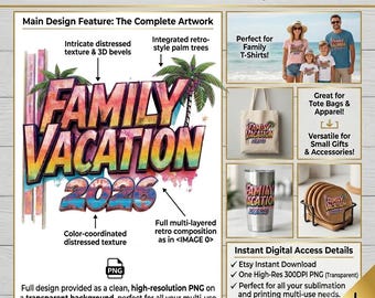 Family Vacation 2026 PNG | Retro Graffiti Tropical Summer Trip | Beach Sublimation | Digital Download