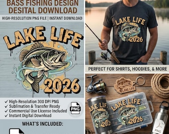 Lake Life 2026 PNG | Retro Bass Fishing Graphic | Summer Lake Vacation | Digital Download