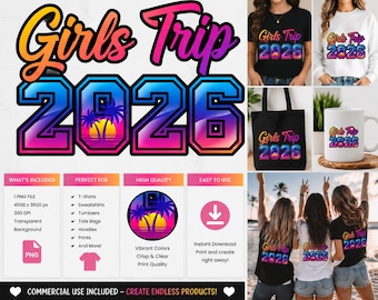 Girls Trip 2026 PNG | Beach Vacation Sublimation Design | Retro Sunset Friends Trip | 300 DPI Digital Download