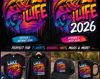 Lake Life 2026 PNG | Retro Neon Graffiti Bass Fishing Design | Summer Sublimation | Digital Download