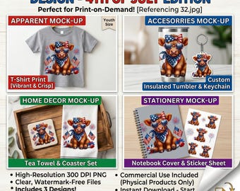 Patriotic Highland Cow PNG | American Flag Bandana & Sunglasses | 4th of July Digital Download)