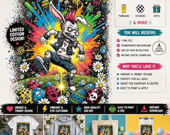 Punk Rock Mohawk Bunny Easter PNG | Neon Skull & Eggs Design | Easter Sublimation | Digital Download