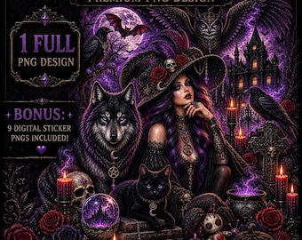 Gothic Witch PNG Bundle, Halloween Witch Wolf Raven Black Cat PNG, Gothic Clipart, Witchy Sublimation, 10 PNG Designs