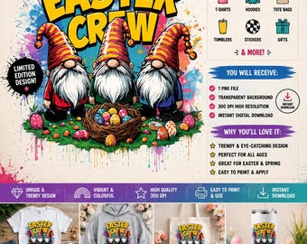 Easter Crew Gnomes PNG | Colorful Spring Garden Design | Easter Sublimation | Digital Download