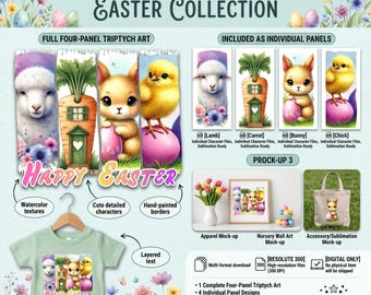 Happy Easter PNG | Kawaii Lamb, Bunny & Chick Design | Easter Sublimation | Digital Download