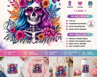 Floral Skeleton PNG | Heart Sunglasses Skull Design | Self Love Sublimation | Digital Download