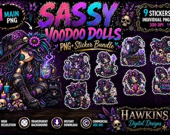 Sassy Voodoo Doll PNG & Sticker Bundle | Witchy Gothic Sublimation Design | Cute Spooky Halloween PNG | 9 Printable Stickers