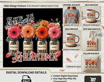 Grandma Floral PNG | Strong, Loving & Kind Gerbera Daisy Mason Jar | Mother's Day Digital Download