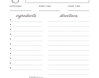 May include: A printable recipe card template with a hand-drawn illustration of kitchen utensils. The card includes sections for the name of the dish, category, prep time, cook time, ingredients, and directions. The card also includes a hand-drawn illustration of a kitchen scale.