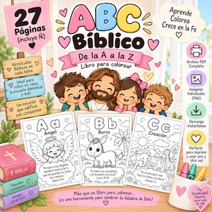 May include: A digital coloring book titled ABC Biblico featuring 27 pages with illustrations of children and a central figure, including letters A, B, and C with religious themes, Spanish text, and icons for PDF and PNG file formats for printing.