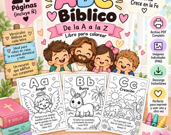 Może przedstawiać: Cyfrowa kolorowanka zatytułowana ABC Biblico zawierająca 27 stron z ilustracjami dzieci i postaci centralnej, w tym litery A, B i C o tematyce religijnej, tekst w języku hiszpańskim oraz ikony formatów plików PDF i PNG do druku.