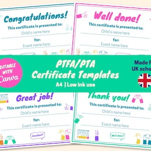 Può includere: Quattro modelli di certificati stampabili per le scuole britanniche. I certificati sono progettati per eventi PTFA/PTA e presentano illustrazioni colorate disegnate a mano. Il testo sui certificati recita "Congratulazioni!", "Bravo!", "Ottimo lavoro!" e "Grazie!"