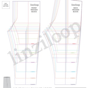 Può includere: Un diagramma che mostra blocchi di pantaloni per abbigliamento per bambini, dalla nascita ai 18-24 mesi. Il diagramma mostra i blocchi di pantaloni anteriori e posteriori con linee che indicano diverse dimensioni. Il testo "NO SEAM ALLOWANCE ADDED NO WAISTBAND - FLAT DESIGN" è in fondo al diagramma.