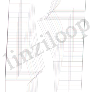 May include: A black and white diagram of a children's trouser block pattern for sizes 2 to 14 years. The pattern includes both front and back trouser blocks. The text "No seam allowance added. No waistband - flat design" is included at the bottom of the diagram.