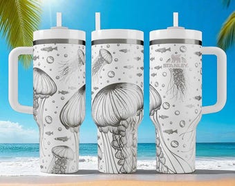 Kwallen Stanley drinkbeker – Gegraveerde oceaanbeker van 1,2 liter met handvat en rietje – Cadeau voor duikers, liefhebbers van het zeeleven en iedereen die van een onderwaterwereld houdt