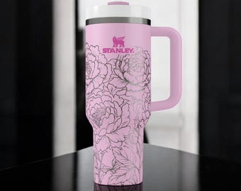 Copo de viagem de aço inoxidável com estampa floral Peony Tumbler, caneca térmica para café com alça, presente para ela