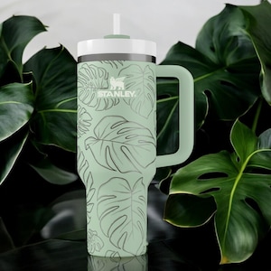 Monstera Leaf Tumbler With Straw – Tropical Stanley Mug 30oz 40oz, Engraved Cup for Plant Lovers, Personalized Jungle Gift