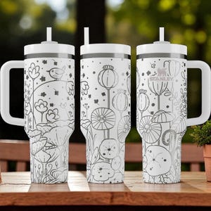 Botanischer Garten Stanley Becher – 40 oz Tasse mit floraler Gravur mit Vögeln und Mohnblumen, Geschenk für Naturliebhaber, skurriler Frühlingsbecher