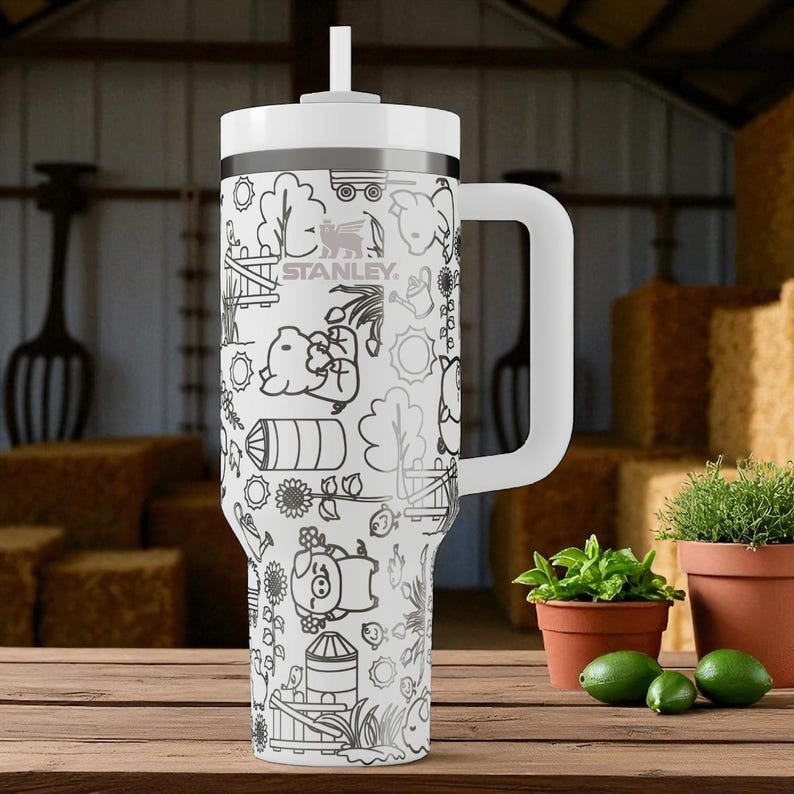 Farm Pig Stanley Tumbler – Cute Engraved Piglet and Barnyard Design (14oz 20oz 30oz 40oz) image 1