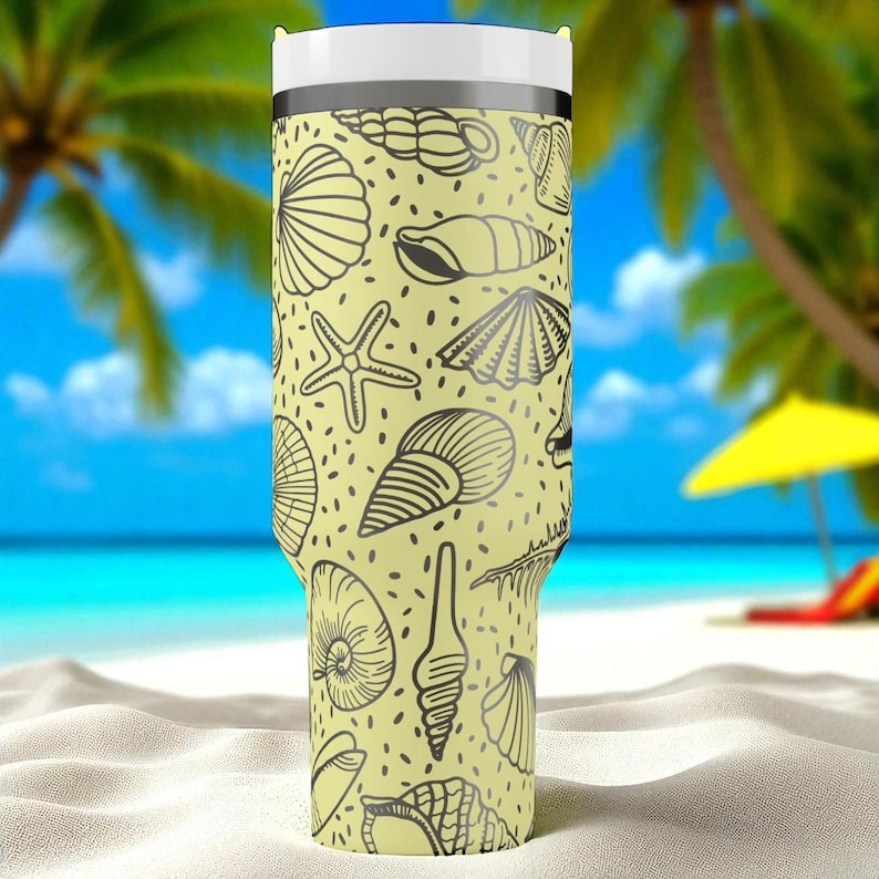 Stanley drinkbeker met schelpmotief – Gegraveerde oceaanbeker van 1,2 liter met handvat en rietje – Strandcadeau voor zomerse vibes en liefhebbers van het onderwaterleven afbeelding 7