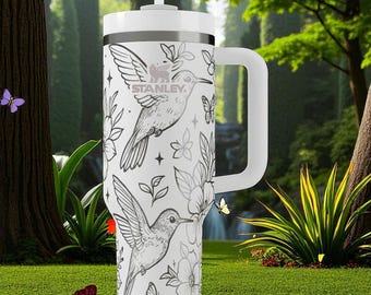 Engraved Hummingbird Tumbler – 40oz Stanley Floral Cup with Birds and Flowers – Nature Gift for Her, Garden Lover, Spring Aesthetic Mug