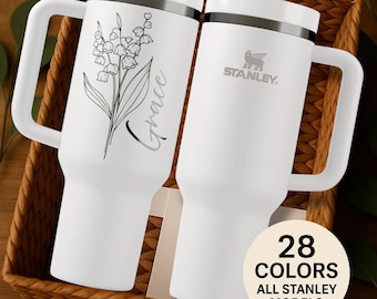 Vaso térmico con diseño de la flor de nacimiento de mayo – Vaso Stanley personalizado de 1,1 litros – Diseño de lirio del valle con nombre personalizado – Regalo para ella