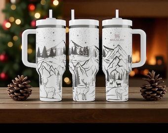 Engraved Mountain Landscape Stanley Tumbler – Nature and Deer Design, Laser Engraved Cup for Hikers and Outdoor Lovers 14oz 20oz 30oz 40oz