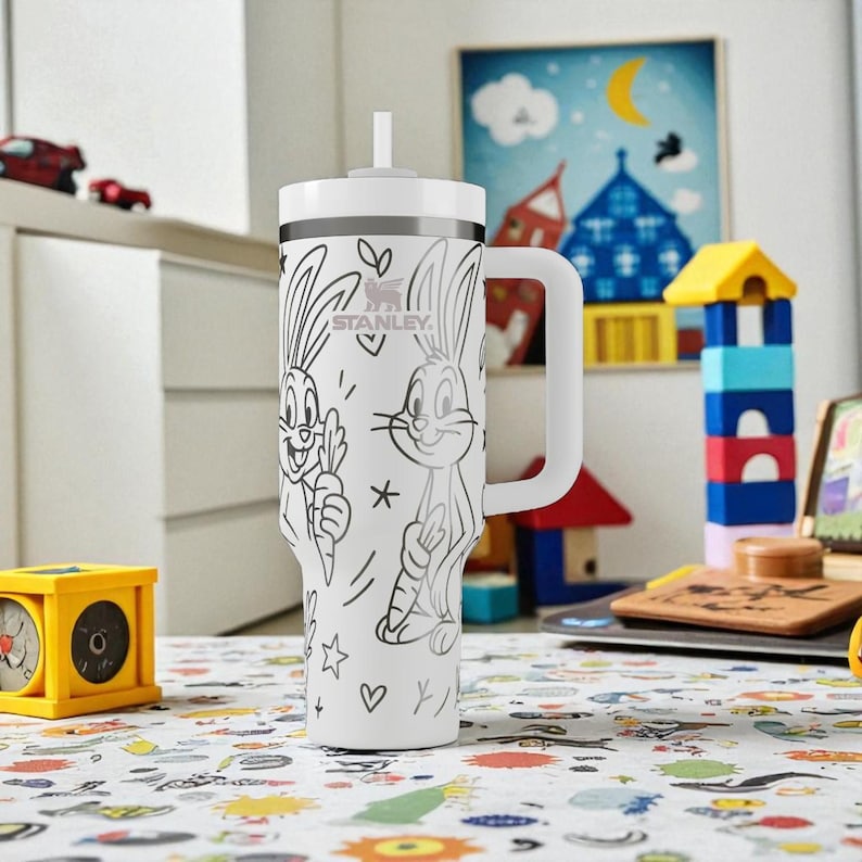 Funny Bunny Engraved Stanley Tumbler – Cute Rabbit Cup – Laser Engraved Gift – 14oz 20oz 30oz 40oz image 1