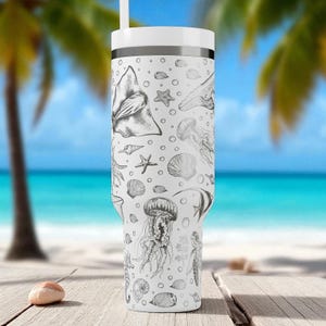 Ocean Creatures Engraved Stanley Tumbler – 40oz Underwater Sea Life Cup with Jellyfish, Turtles, Whales & Coral, Marine Gift Idea image 8