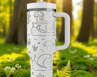Engraved Snail and Mushroom Stanley Tumbler – Whimsical Forest Cup – 14oz 20oz 30oz 40oz Gift for Nature and Cottagecore Lovers