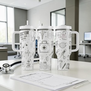 May include: Three white insulated tumblers with black line art of medical symbols and the words "DOCTOR HEAL CARE INSPIRE." Each tumbler has a white handle and a straw. The tumblers are on a white surface.